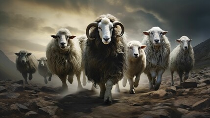 AI generated illustration of a group of goats and sheep running up a steep, rocky hillside - obrazy, fototapety, plakaty