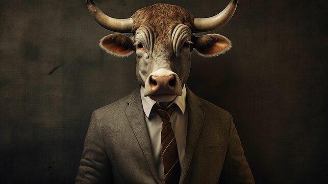 AI generated illustration of an ox dressed in classic suit
