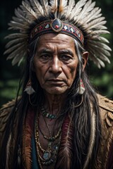 Obraz premium AI generated illustration of a portrait of old native shaman wearing feather headdress