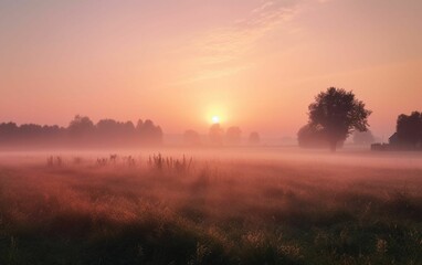 Obraz na płótnie Canvas Sunrise over a field in the countryside, AI-generated.