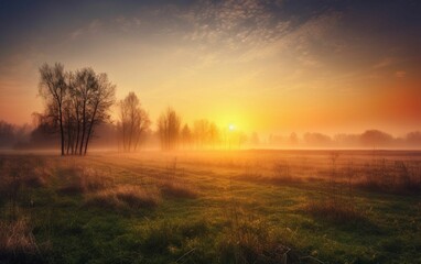 Fototapeta premium Sunrise over a field in the countryside, AI-generated.