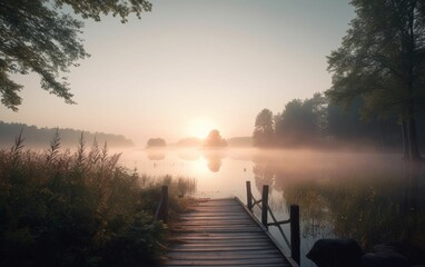 Beautiful sunrise over a misty lake, AI-generated.