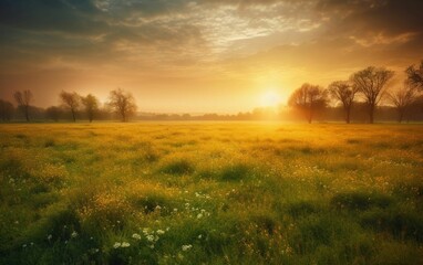 Obraz premium Sunrise over a field in the countryside, AI-generated.