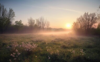 Obraz premium Sunrise over a field in the countryside, AI-generated.