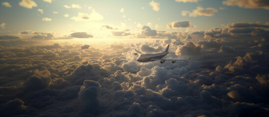 雲海の中を飛ぶジャンボジェット機 - obrazy, fototapety, plakaty