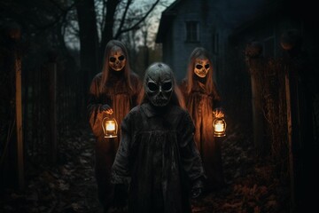 Fototapeta na wymiar AI generated illustration of three people wearing frightful masks in a dimly lit park on Halloween