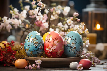 Easter painted eggs on background of flower