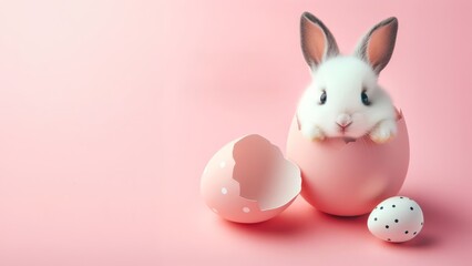 Obraz premium Cute Easter bunny hatching from pink Easter egg isolated on pastel pink background with copy space, Happy Easter banner with adorable rabbit