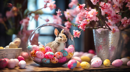 Baby rabbit and painted eggs on background of pink flower