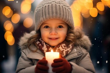Young child holding up a lit candle in her hands, AI-generated.