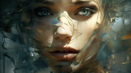 young female face with blue eyes in an abstract style