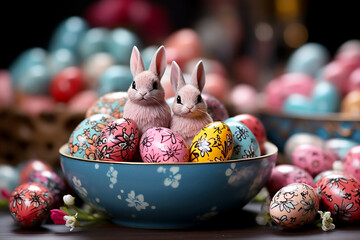 Easter bunnys and colorful painted eggs in Easter decor
