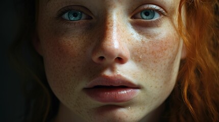 AI generated illustration of a beautiful redhead woman with freckled skin and tears on her face