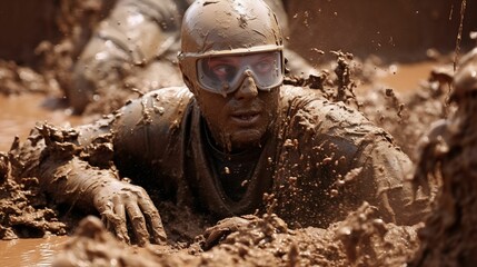 AI generated illustration of a man wearing protective goggles lying in a mud pool