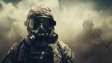 Military serviceman wearing a gas mask, AI-generated.