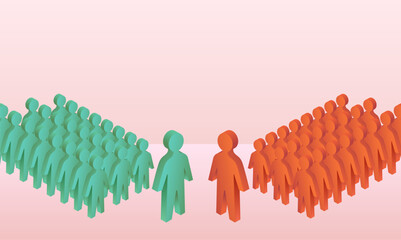 A colorful line of 3D figures of people on a light background. A vector image.