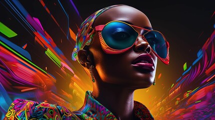 Young African woman against a backdrop of bright lights, wearing stylish sunglasses. AI-generated.