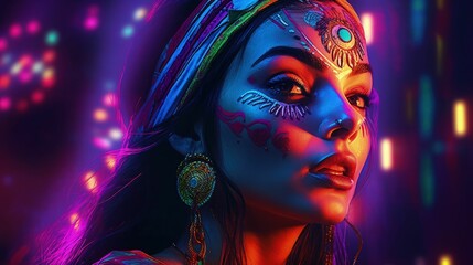 Portrait of a beautiful woman with vibrant makeup. AI-generated.