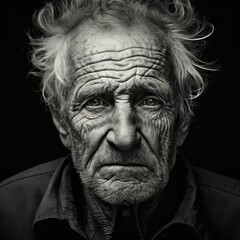 Obraz premium Grayscale portrait of an elderly Caucasian man looking at the camera. AI-generated.