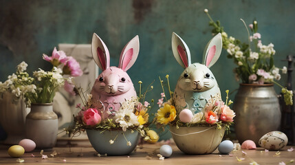 Easter bunnys in the shape of a painted eggs with flowers