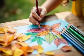 Fotobehang AI-generated illustration of a child drawing colorful leaves in an outdoor setting © Wirestock