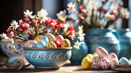 Easter decor with painted pink and blue eggs and flowers