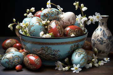 Easter decor with painted red and blue eggs