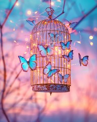 Vintage, weathered hand-crafted birdcage, suspended mid-air by an intricate arrangement of golden threads against a dreamy, pastel sunset. The cage is adorned with delicate