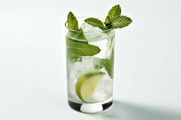 AI generated illustration of a glass of mojito garnished with ice cubes and a sprig of mint leaves