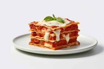 AI generated illustration of a piece of delicious lasagna on a plate isolated on a white background