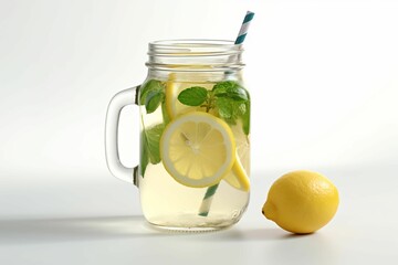 AI generated illustration of a jar of lemonade with fresh lemon slices and a straw