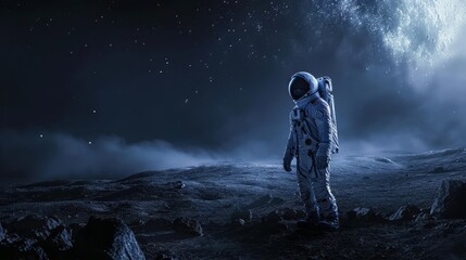 Lone astronaut standing on a barren, moon-like landscape, gazing at a star-filled sky. The spacesuit reflects the celestial glow, emphasizing the isolation and wonder of the cosmos. - obrazy, fototapety, plakaty