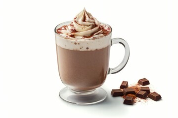 AI generated illustration of a cup of hot chocolate with whipped cream on white background