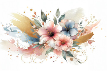 Gentle vector watercolor illustration with branches and leaves and flowers on white background.