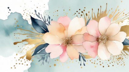 banner Alcohol ink art abstract background flowers and leaves with watercolor splashes.