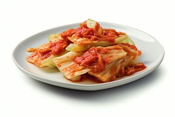 AI generated illustration of a freshly prepared plate of Korean Kimchi on a white background