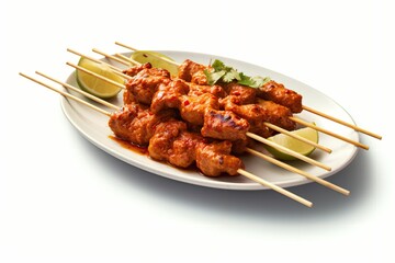AI generated illustration of a white plate with Satay Chicken