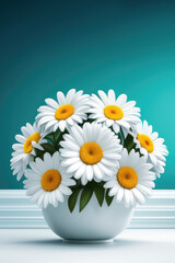 Bouquet daisies in vase on table in background, greeting card or template for your design.