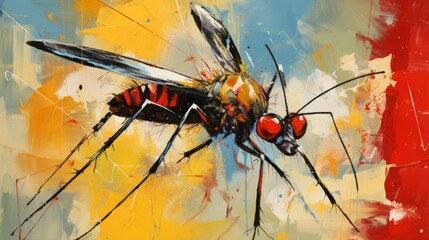 AI generated illustration of a black fly against vibrant background of radiant yellow and red tones