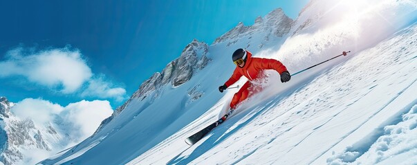 Skier skiing down on a slope against blue sky and mountains