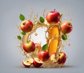 Apple juice splashed with fresh apples on a grey background. 3d rendering