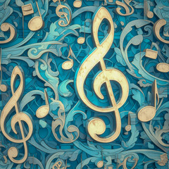 blue music clef note as background on a seamless tile, ai generated
