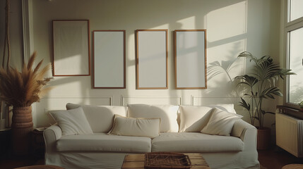 Serene Living Room with Soft White Couch and Sunlight Streaming through Windows