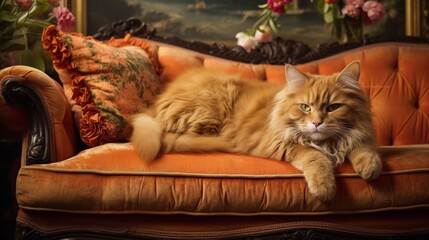 The splendid image of a ginger cat reclining with sophistication on a well-appointed couch.