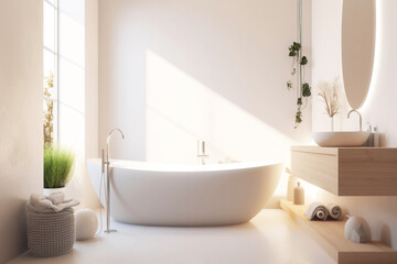 Fototapeta na wymiar Design of a modern bathroom interior, shower cabin with toilet, sink in light colors.