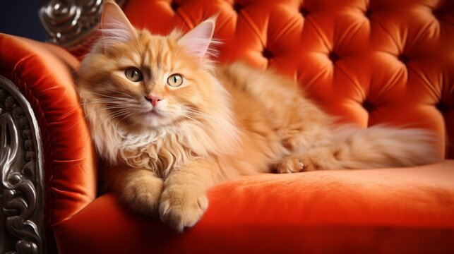 The splendid image of a ginger cat reclining with sophistication on a well-appointed couch.