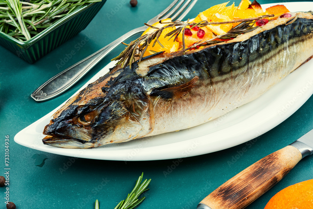 Wall mural mackerel baked with oranges, scomber roast.