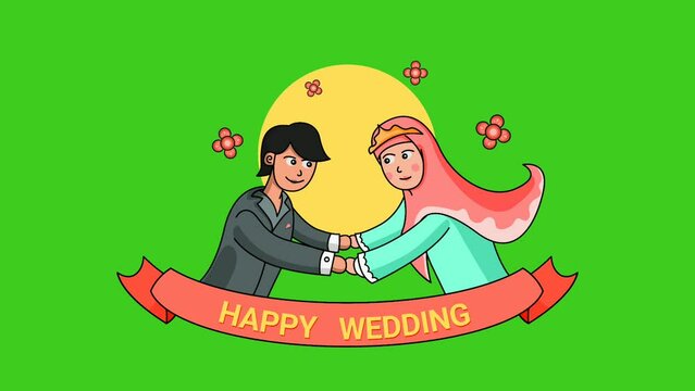 Animated Muslim Wedding Couple with Ribbon label, green screen