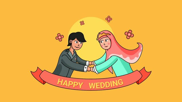 Animated Muslim Wedding Couple with Ribbon label
