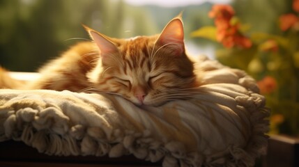 Tranquil scene of a cat resting on a soft pad.